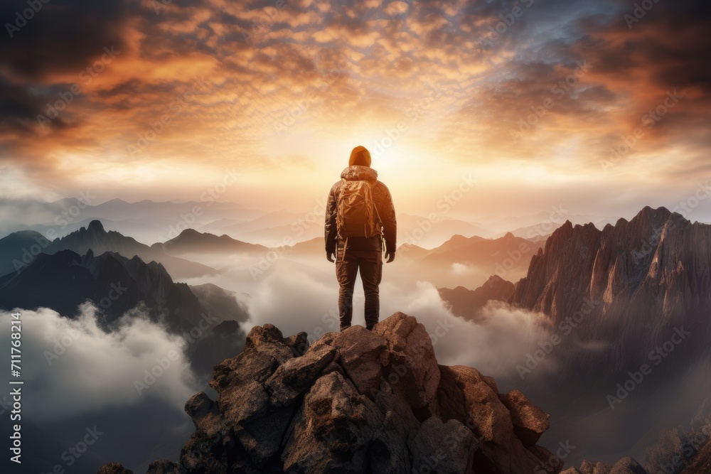 A man stands proudly on top of a mountain, taking in the breathtaking scenery around him, Hiker at the summit of a mountain overlooking a stunning view, AI Generated