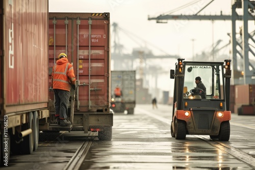 photo a bustling logistics port terminal: a forklift driver loads a cargo container with precision, assisted by a female industrial supervisor and safety inspector. © Jiwa_Visual