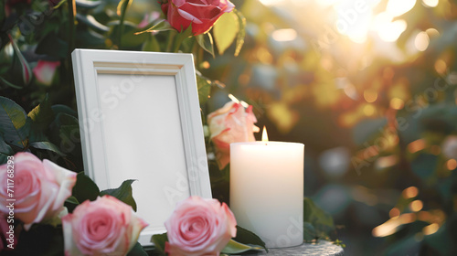 An empty frame for a photo or text near a funeral memorial with candles and flowers photo