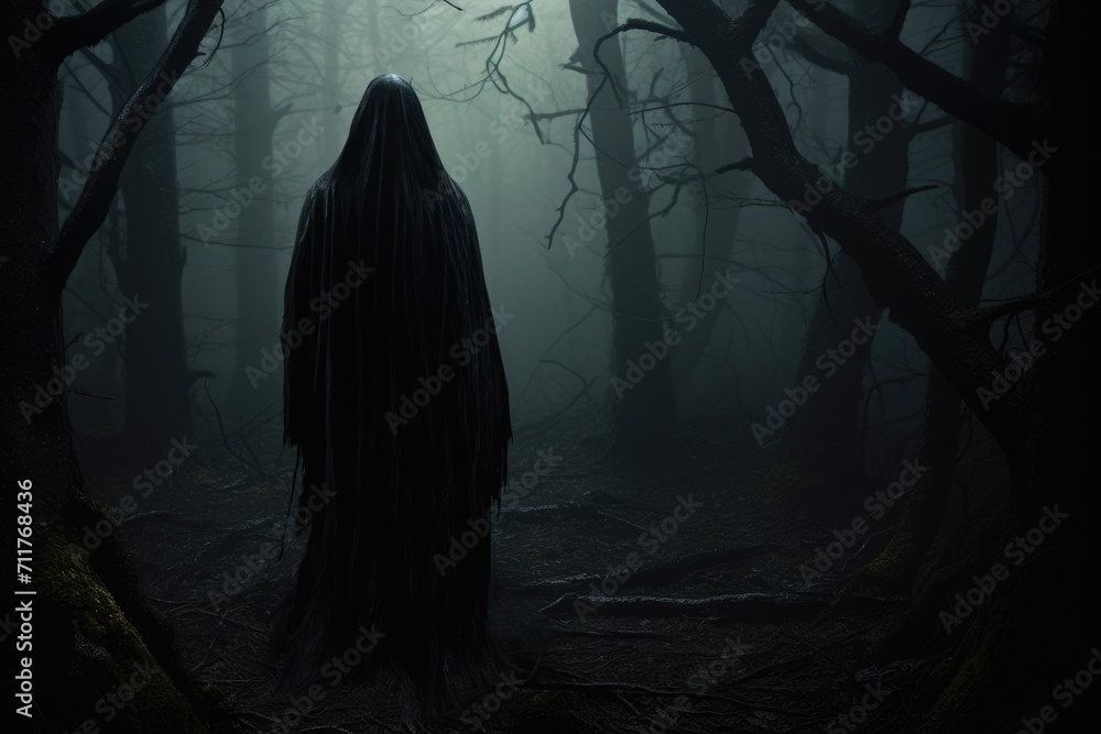 A solitary figure stands in the middle of a dense, eerie forest shrouded in darkness, Hooded figure in the dark forest, AI Generated A solitary figure stands in the middle of a dense, eerie forest shrouded in darkness, Hooded figure in the dark forest, AI Generated