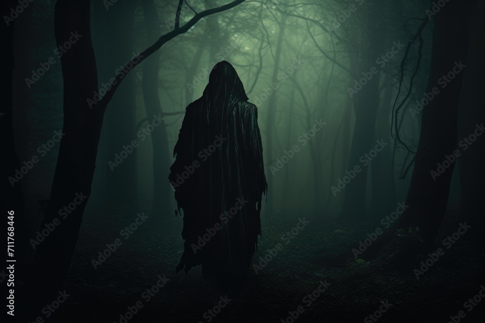 A lone figure stands in the darkness of a dense forest, creating an air of mystery and intrigue, Hooded figure in the dark forest, AI Generated A lone figure stands in the darkness of a dense forest, creating an air of mystery and intrigue, Hooded figure in the dark forest, AI Generated