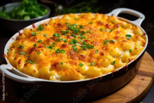 A mouthwatering dish of macaroni and cheese, served on a rustic wooden board, Homemade mac and cheese, AI Generated