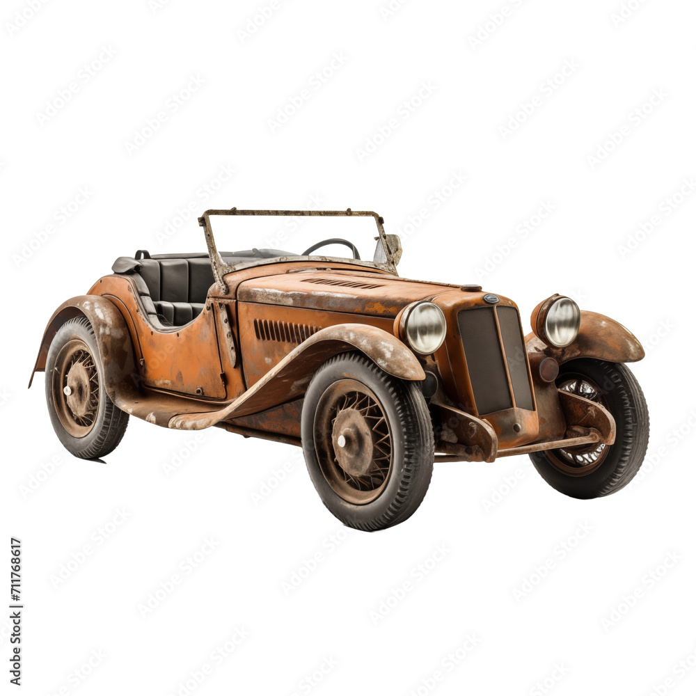 Retro Charm: Isolated Old Rusty Vintage Sports Car isolated on transparent and white background. Generative ai