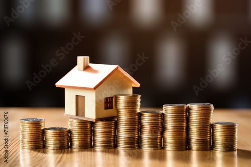 House Balanced Atop Stack of Coins Signals Financial Stability and Home Ownership, houses and coin stack, real estate price rising and inflation, AI Generated