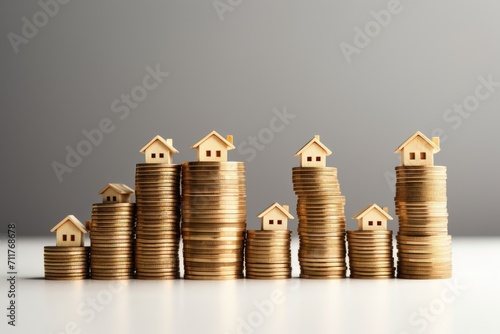 A symbolic representation of real estate investment, with a stack of coins forming a solid foundation for a house model, Houses with a lot of coin stack, Idea for property investment, AI Generated