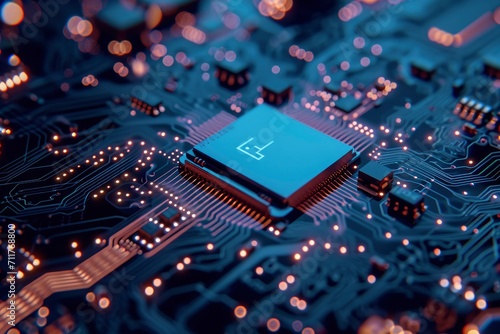 a motherboard CPU processor microchip initiates the digitalization of data, Dynamic digital lines converge into the AI symbol. 