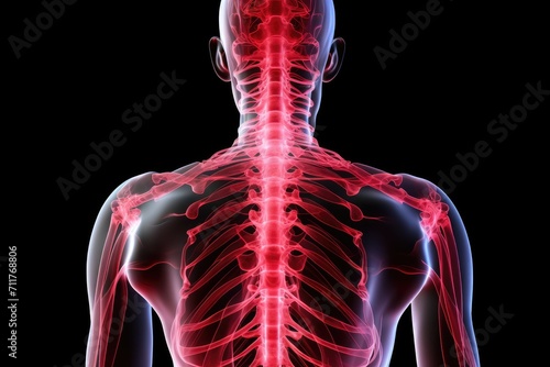 Back View of Mans Skeleton, Anatomy and Structure of the Human Spine, human spine and spinal cord in red, xray, AI Generated