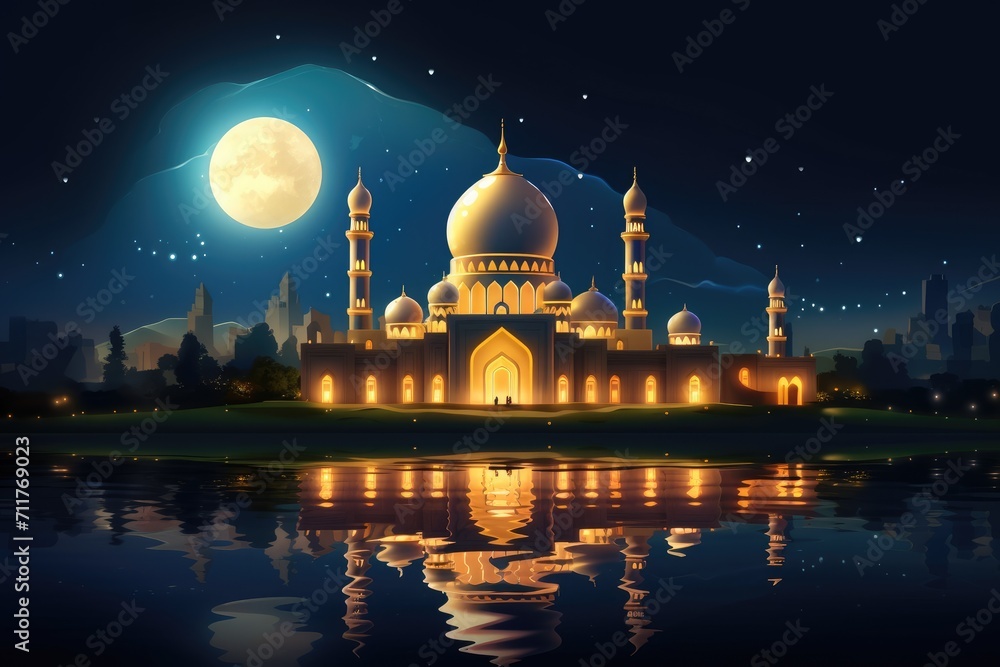 A tranquil evening with a beautifully lit mosque located under a full moon, Illustration of a mosque with a moon and its reflection in water, Ramadan Kareem background, AI Generated