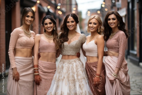 A diverse group of women stand side by side, supporting each other in friendship and unity, Indian bride with bridesmaids in wedding clothes, AI Generated © Iftikhar alam