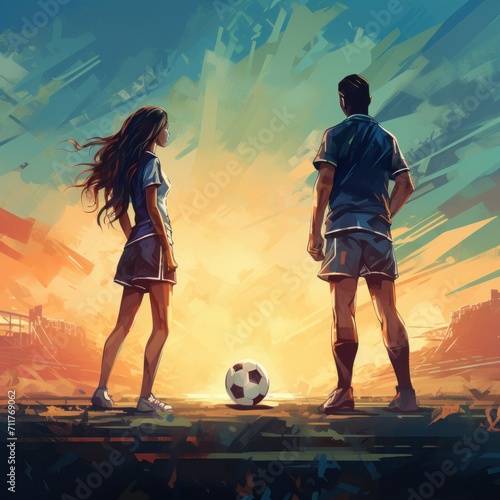 Young woman and man play football together. Soccer, ball or sports and a girl team training or playing together on a field for practice. Fitness, football and grass. Running or dribbling photo