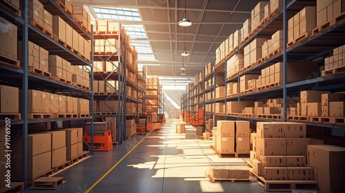 retail warehouse. the goods distribution center  lined with shelves with goods in cardboard boxes  racks with boxes in the warehouse