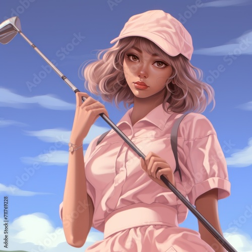 Anime white hair girl wear cool soft pink sport style costume. Girl, 2D illustration, modern young woman, tennis player in uniform. Hobby, game, professional sport, movement, health, action.
