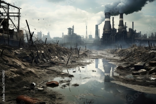 An industrial area filled with thick smoke creates a hazy and polluted atmosphere, Industrial landscape featuring a polluted river, depicting environmental disaster, AI Generated photo