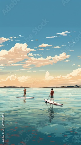 Two Sup surfers on paddle boards. People enjoying of extreme water sport cartoon flat illustration. Paddle boarding concept © masherdraws