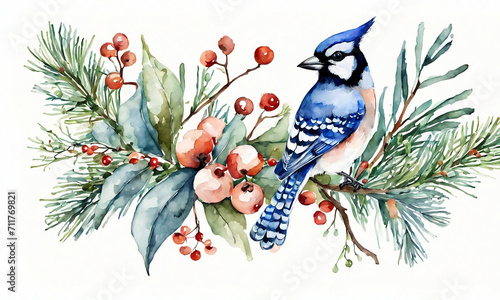 The central focus is a detailed and colorful blue jay with distinct feather patterns  showcasing shades of blue  white  and black.