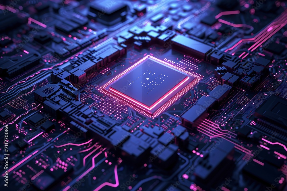 Close-up of a computer motherboard with a CPU socket. The CPU is a square-shaped chip with gold connectors. purple lights illuminate the board. Close-up of a computer motherboard with a CPU socket. The CPU is a square-shaped chip with gold connectors. purple lights illuminate the board.