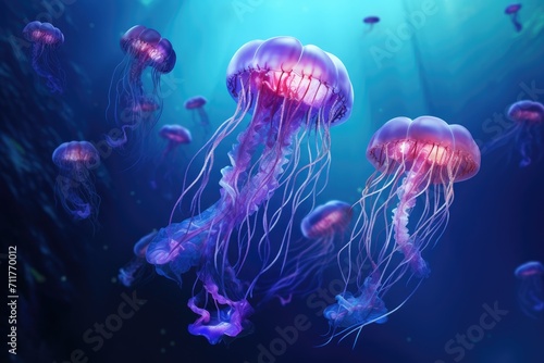 A mesmerizing sight of a group of jellyfish gracefully swimming in a tranquil aquarium, Jellyfish in the deep blue ocean, 3D illustration, AI Generated