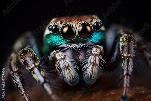 A detailed image of a jumping spider captured up close against a black background, Jumping spider macro close-up on a dark background, AI Generated
