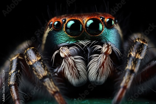 A detailed view of a jumping spider in mid-air, captured against a black background, Jumping spider macro close-up on a dark background, AI Generated