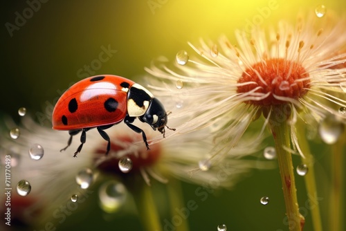 A closeup view of a red ladybug perched on top of a delicate dandelion flower, Ladybug on a dandelion flower close-up, Nature background, AI Generated