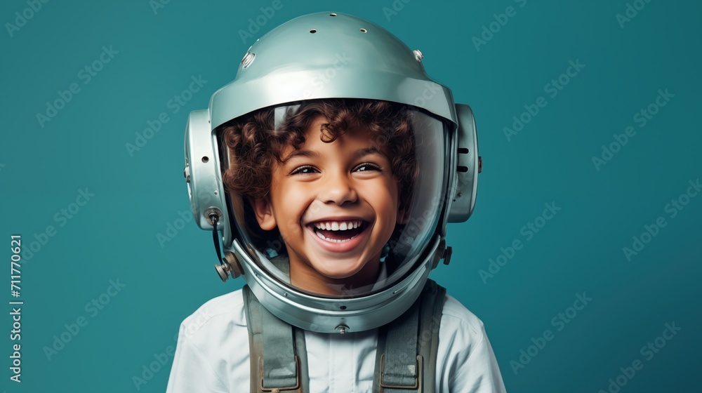 Smiling boy in space suit wearing helmet and smiling at camera, Astronaut futuristic kid boy, minimalist green background, generative ai Smiling boy in space suit wearing helmet and smiling at camera, Astronaut futuristic kid boy, minimalist green background, generative ai