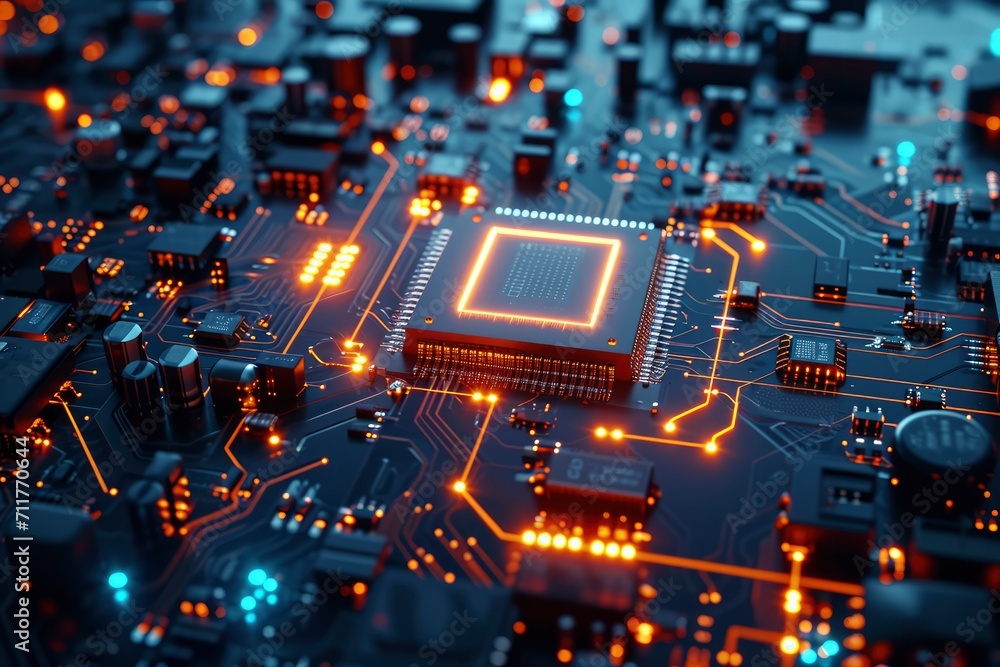 a motherboard CPU processor microchip initiates the digitalization of data, Dynamic digital lines converge into the AI symbol. a motherboard CPU processor microchip initiates the digitalization of data, Dynamic digital lines converge into the AI symbol.