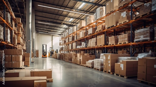 retail warehouse. the goods distribution center, lined with shelves with goods in cardboard boxes, racks with boxes in the warehouse