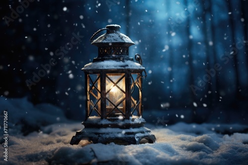 A solitary lantern casts a warm glow on the serene, snow-covered landscape, lantern in the snow, AI Generated © Iftikhar alam