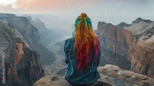 Woman with vibrantly colored hair sitting on a cliff generative ai