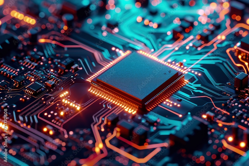 a motherboard CPU processor microchip initiates the digitalization of data, Dynamic digital lines converge into the AI symbol. a motherboard CPU processor microchip initiates the digitalization of data, Dynamic digital lines converge into the AI symbol.