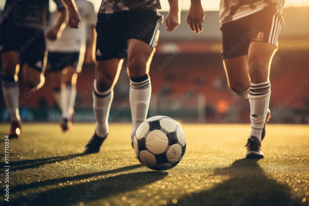 A thrilling match of soccer unfolds as a group of young men showcase their skills on the field, Legs of a team of soccer players playing soccer, AI Generated