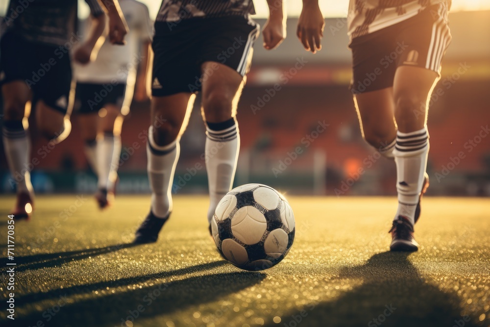 Fototapeta premium A thrilling match of soccer unfolds as a group of young men showcase their skills on the field, Legs of a team of soccer players playing soccer, AI Generated