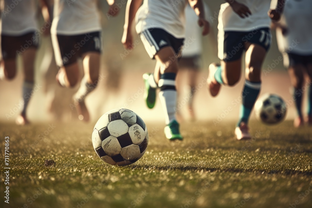 Fototapeta premium A group of people engaged in a game of soccer on a grassy field, Legs of a team of soccer players playing soccer, AI Generated