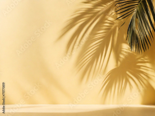 Palm leaf on a yellow background. top view, summer concept 