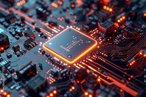 This image shows a close-up view of a computer motherboard, highlighting a glowing processor chip