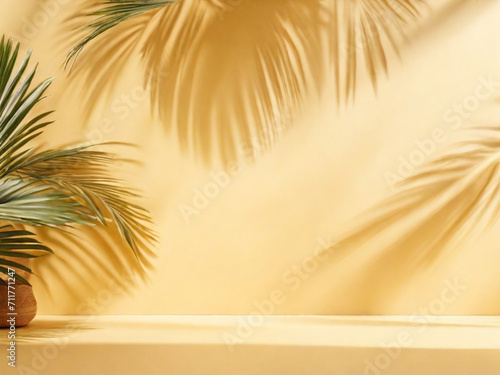 Palm leaf on a yellow background. top view  summer concept