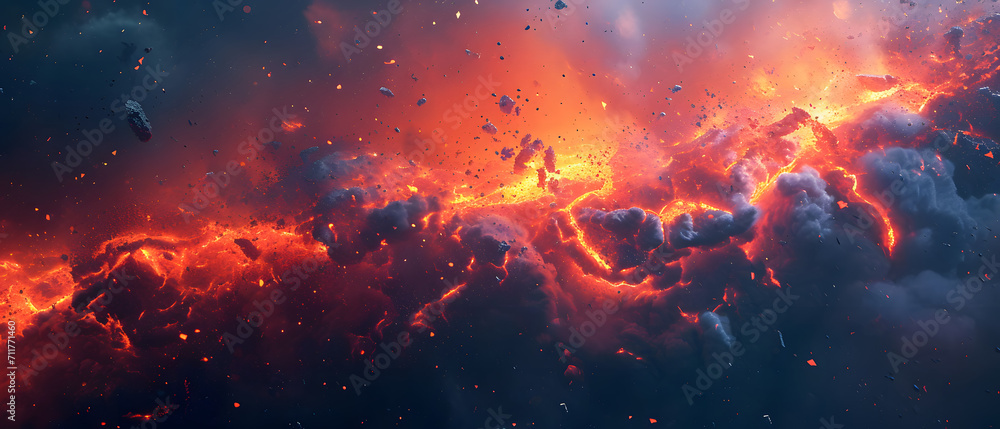 A fiery inferno illuminates the vastness of the universe, as molten lava and thick smoke dance in the sky, a stunning display of nature's raw power and destructive beauty A fiery inferno illuminates the vastness of the universe, as molten lava and thick smoke dance in the sky, a stunning display of nature's raw power and destructive beauty