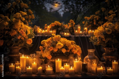 A table beautifully adorned with an abundance of lit candles, creating a warm and inviting ambiance, Lots of lit candles and yellow marigold flowers at the cemetery, AI Generated