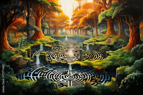 Enchanted forest labyrinths  twisting and turning with magical illusions - Generative AI