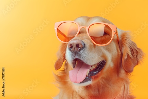 Cute funny dog wearing sunglasses on color background.