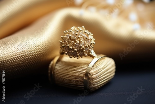 A shiny gold ring placed on top of a fancy gold cloth, showcasing the elegance of the jewelry piece, Gold wedding rings placed on the pincushion, AI Generated
