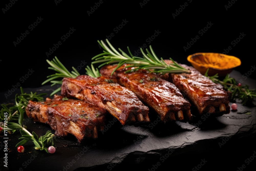 A black plate is adorned with mouthwatering ribs and adorned with a delightful assortment of herbs, Grilled ribs seasoned with herbs and spices on a black background with copy space, AI Generated