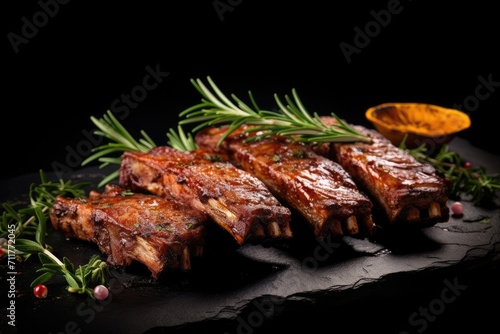 A black plate is adorned with mouthwatering ribs and adorned with a delightful assortment of herbs, Grilled ribs seasoned with herbs and spices on a black background with copy space, AI Generated