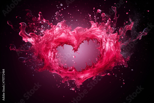 Pink heart with water splash effect on dark background. Valentine's Day card