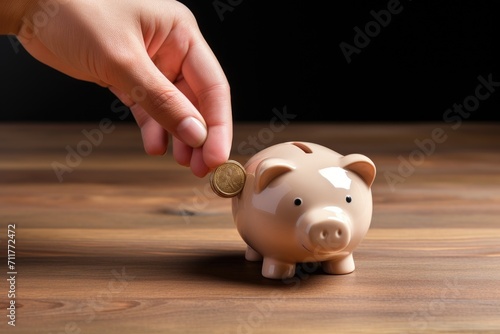 Person Putting Coin Into Piggy Bank - Saving Money Concept Image, Hand putting a coin into a piggy bank on a wooden table, top section cropped, with no hand deformation, AI Generated