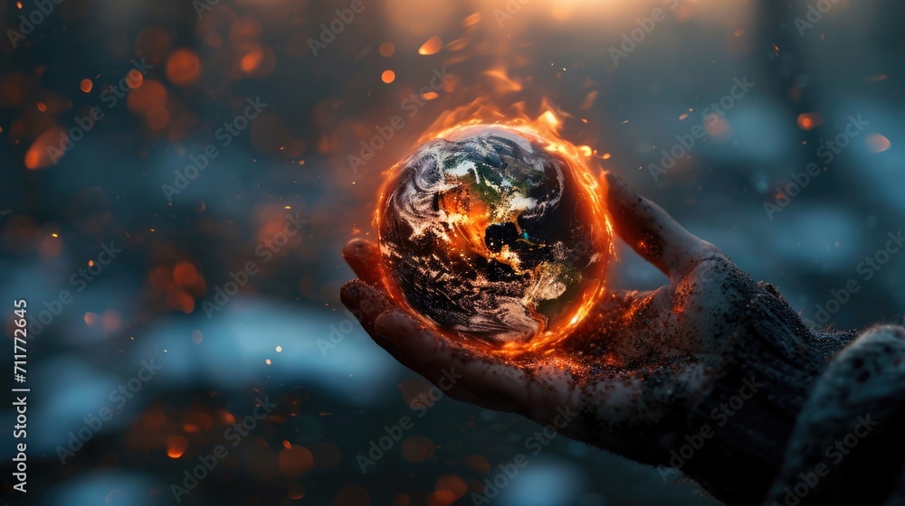 hand holding a planet earth lit on fire generative ai Stock ...