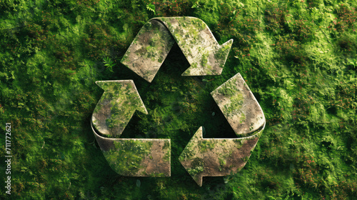 Recycle symbol on a green background among the plants. Eco concept of reduce, reuse, recycling, save the planet, environmental preservation