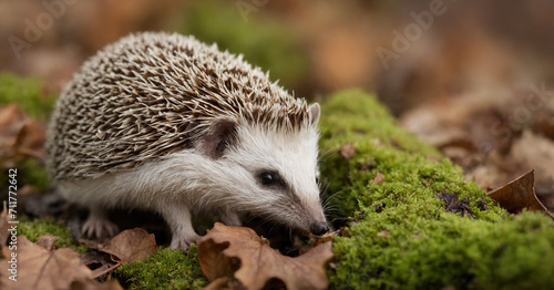 In an autumn woodland habitat, a hedgehog emerges among fallen leaves and oak logs. This nocturnal creature, facing forward with prickly spikes, symbolizes the unique wildlife of the UK's forests. photo