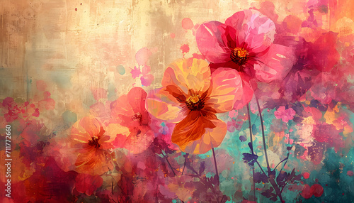 Grunge style colorful abstract art with paper texture and watercolor background, featuring flowers and plants. Perfect for modern and contemporary design projects.