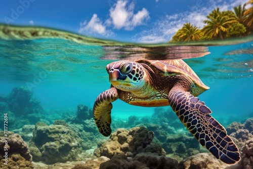 A turtle gracefully swims over a vibrant coral reef in the crystal-clear waters of the ocean, Hawaiian Green Sea Turtle Chelonia mydas, AI Generated